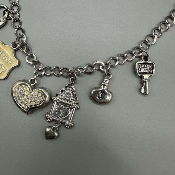 Juicy Couture Charm Necklace 5 Charms Heart Clock Padlock Silvertone Crystals - Picture 3 of 5